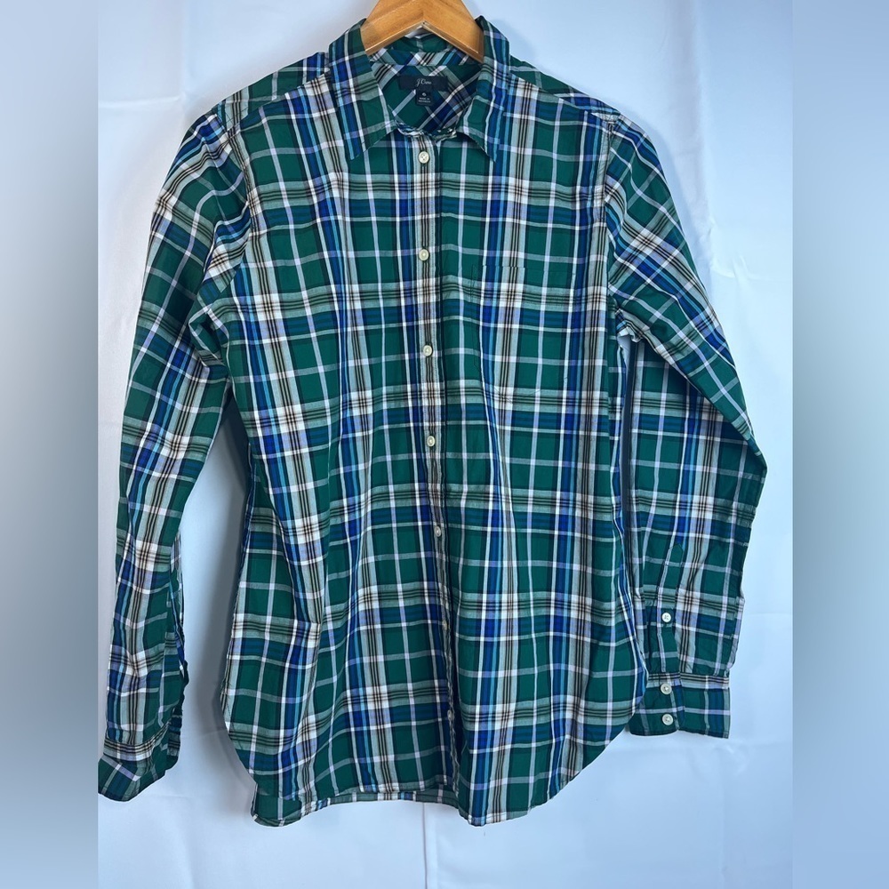 J Crew Womens 100% Cotton Green Plaid Preppy Button Down Shirt Long Sleeves Sz 6